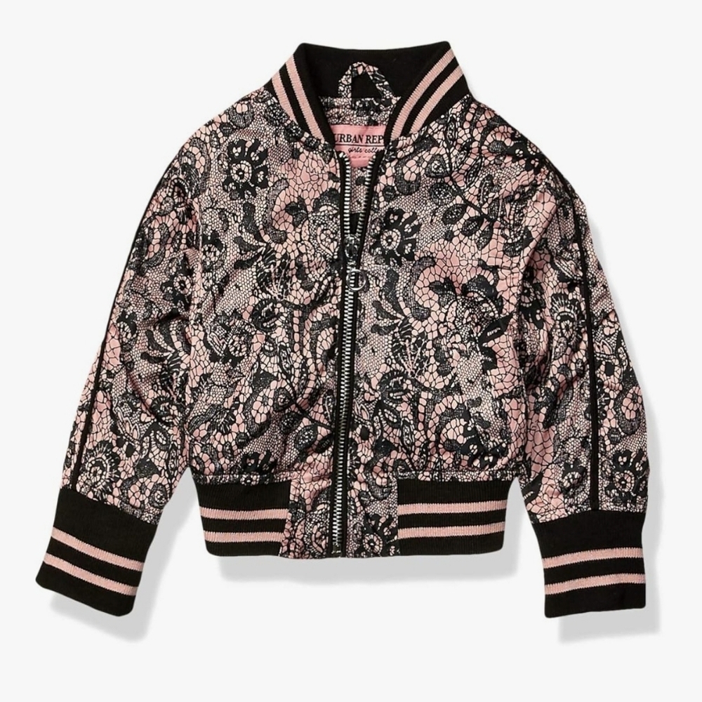 Baby Girls Sateen Lace Print Bomber Jacket Size 24M